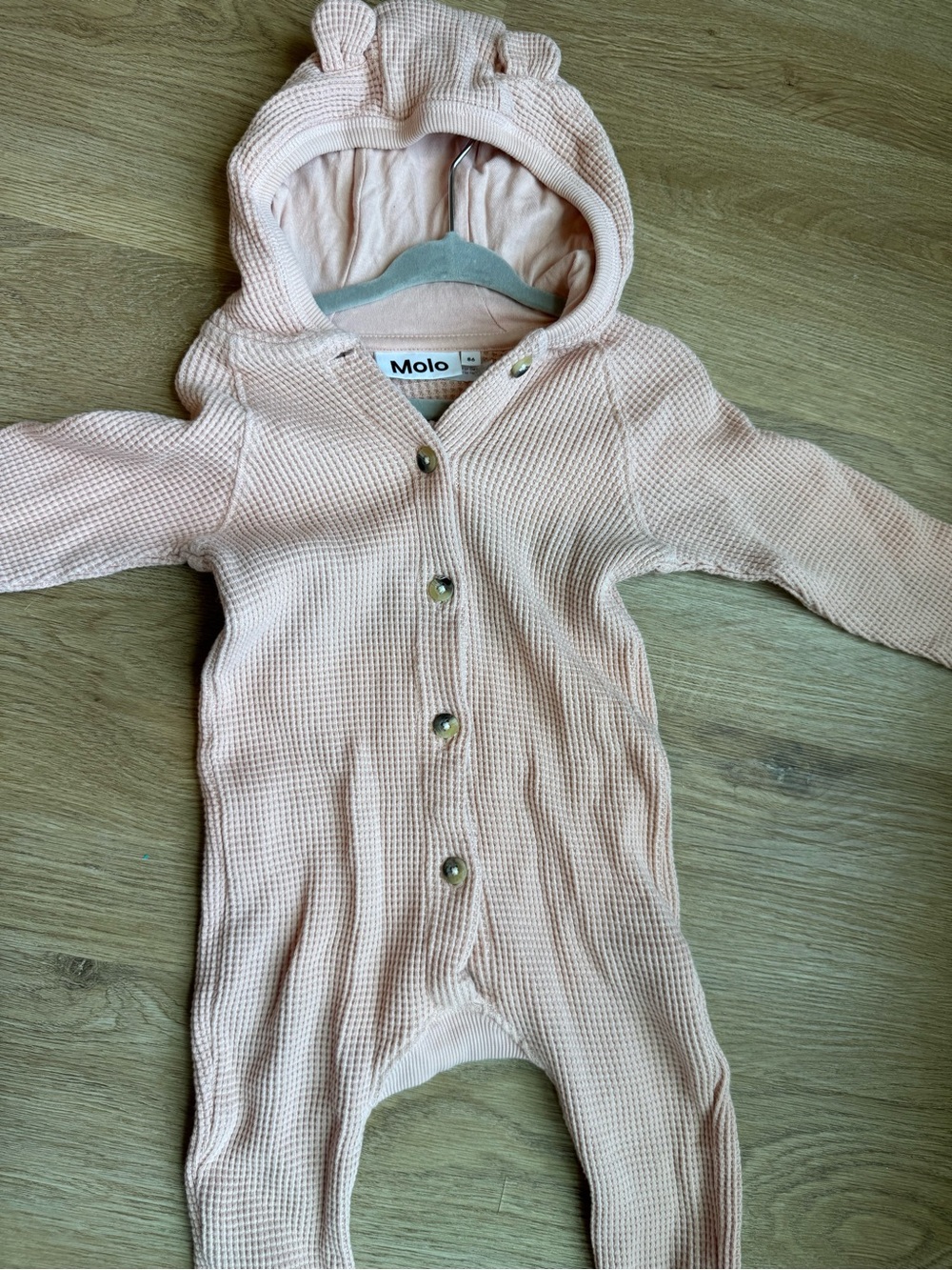 Molo Pale Pink Waffle Knit Hooded Baby Romper with Ear Detail